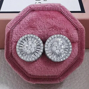 18k White Gold Diamond Round Circle Stud Earrings Halo Baguette Diamond Earrings